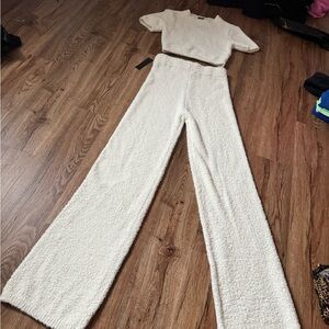 Women's Cream fluffy Pants set cropped shirt
